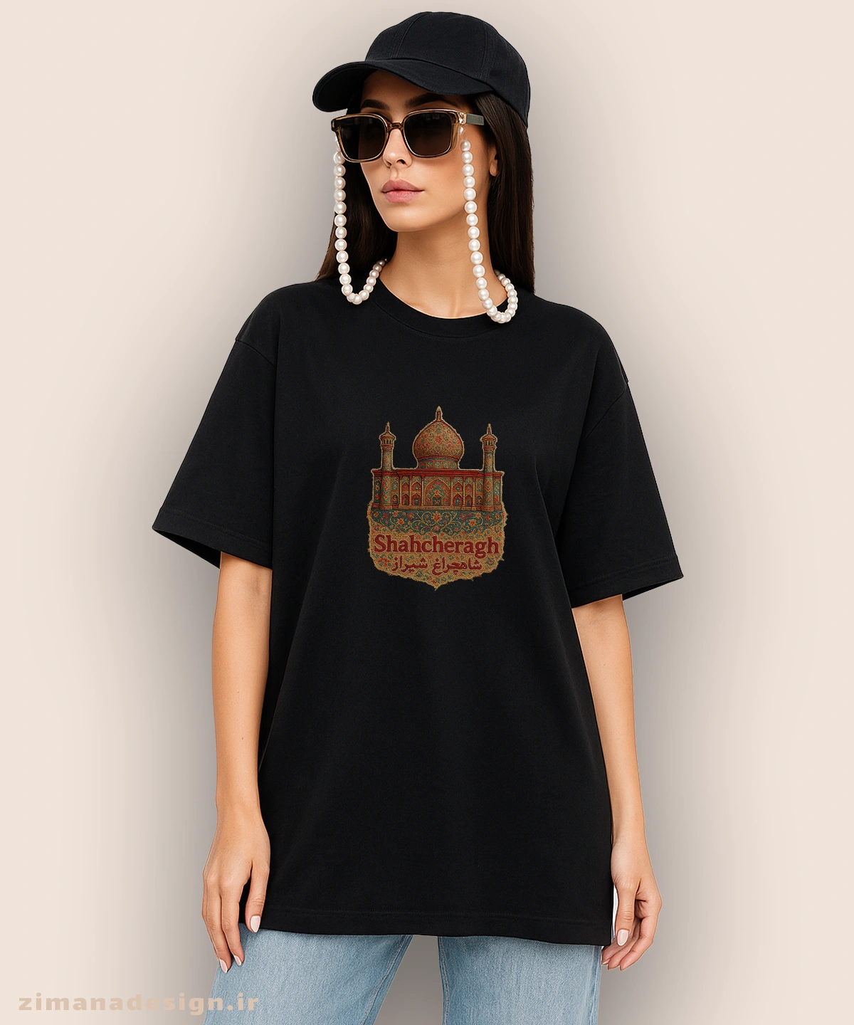 zimanaproduct-0850-l-b3 تیشرت لش مردانه و زنانه طرح شاهجراغ شیراز تلفیق با هنر فرش ایرانی - Image 1