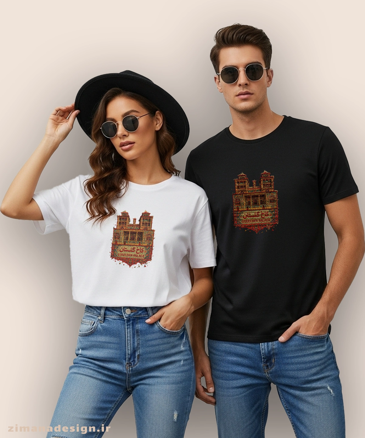 zimanaproduct-0863-b-bw تیشرت مردانه و زنانه طرح کاخ گلستان تلفیق با هنر فرش ایرانی - Image 1