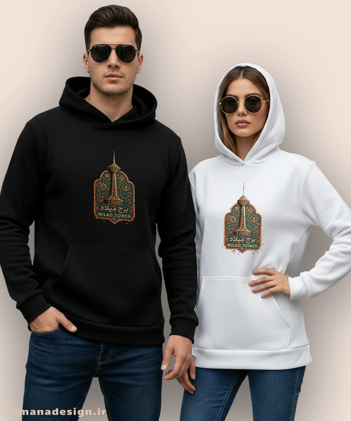 zimanaproduct-0864-h-bw2 هودی مردانه و زنانه طرح برج میلاد تلفیق با هنر فرش ایرانی - Image 1