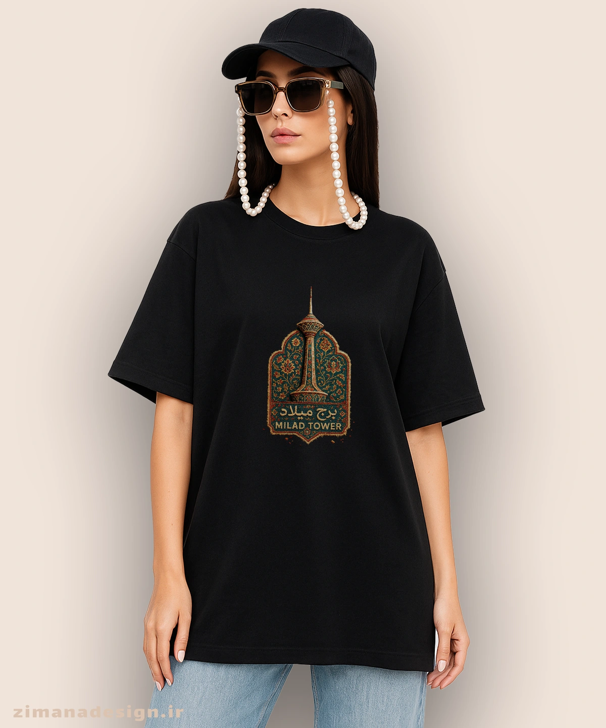 zimanaproduct-0864-l-b3 تیشرت لش مردانه و زنانه طرح برج میلاد تلفیق با هنر فرش ایرانی - Image 1