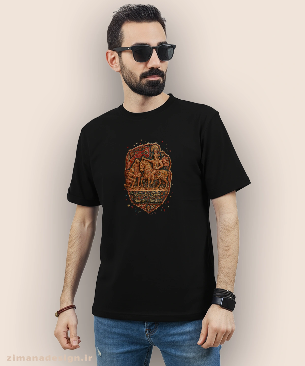 zimanaproduct-0872-b-b3 تیشرت مردانه و زنانه طرح نقش رستم تلفیق با هنر فرش ایرانی - Image 1