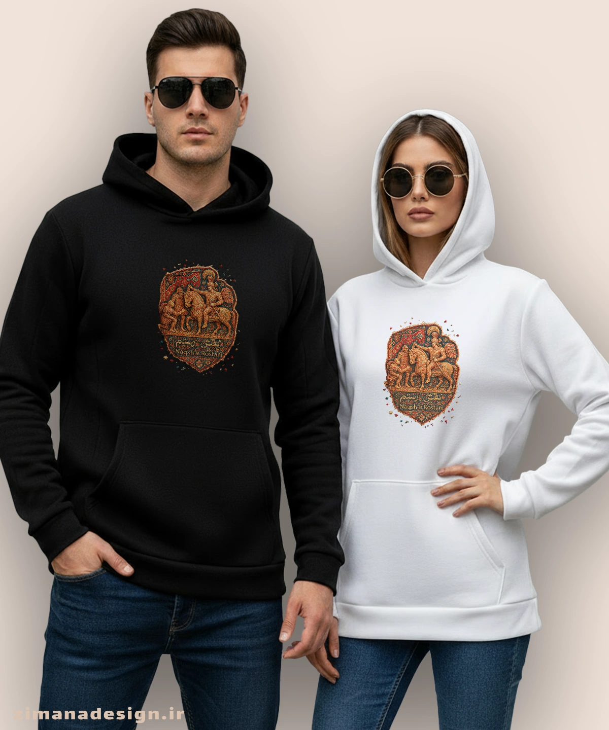 zimanaproduct-0872-h-bw2 هودی مردانه و زنانه طرح نقش رستم تلفیق با هنر فرش ایرانی - Image 1