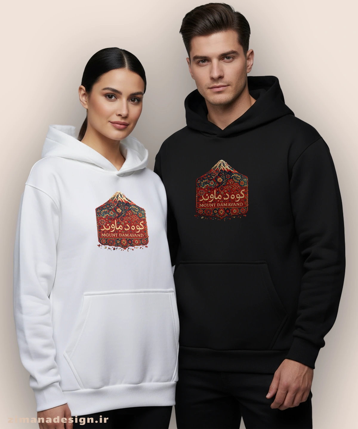 zimanaproduct-0874-h-bw3 هودی مردانه و زنانه طرح کوه دماوند تلفیق با هنر فرش ایرانی - Image 1