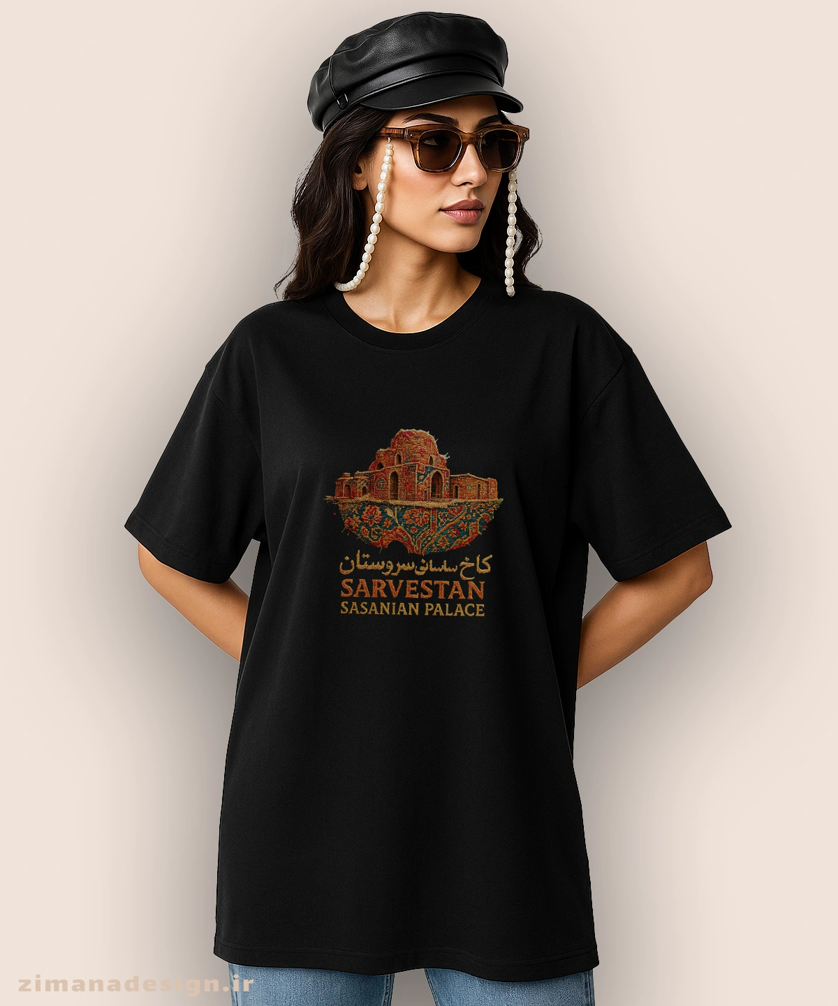zimanaproduct-0875-l-b5 تیشرت لش مردانه و زنانه طرح کاخ ساسانی سروستان تلفیق با هنر فرش ایرانی - Image 1