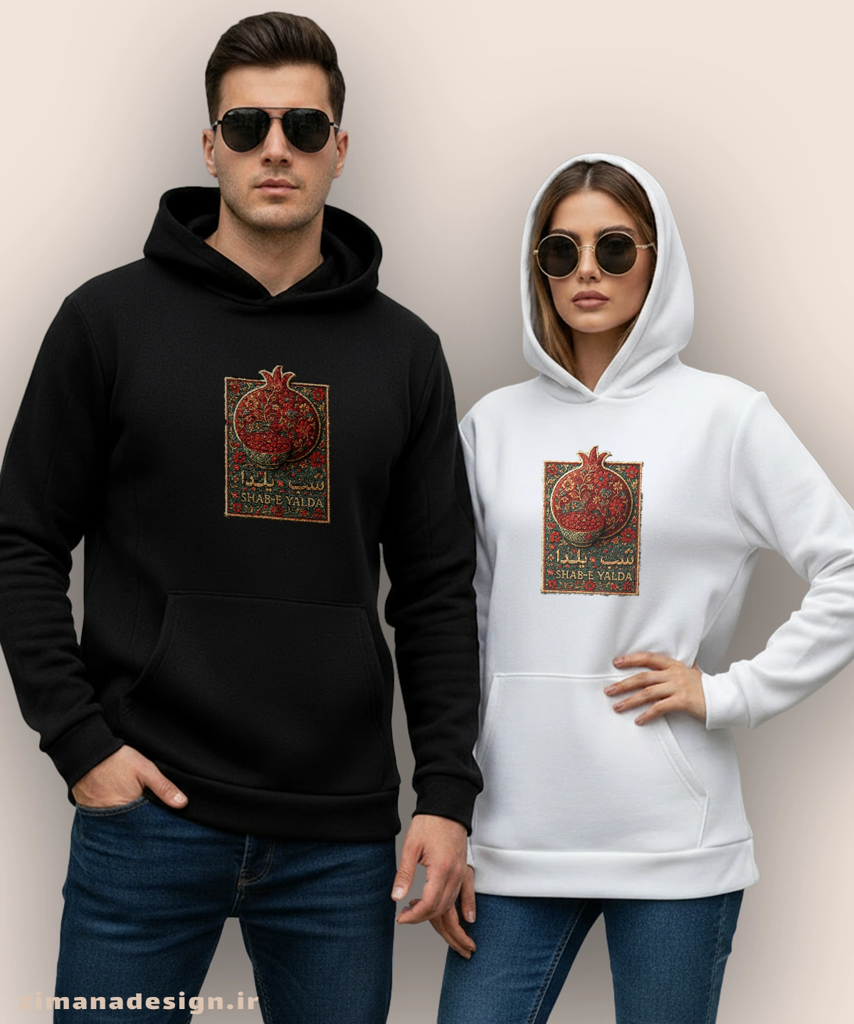 zimanaproduct-0876-h-bw2 هودی مردانه و زنانه طرح شب یلدا تلفیق با هنر فرش ایرانی - Image 1