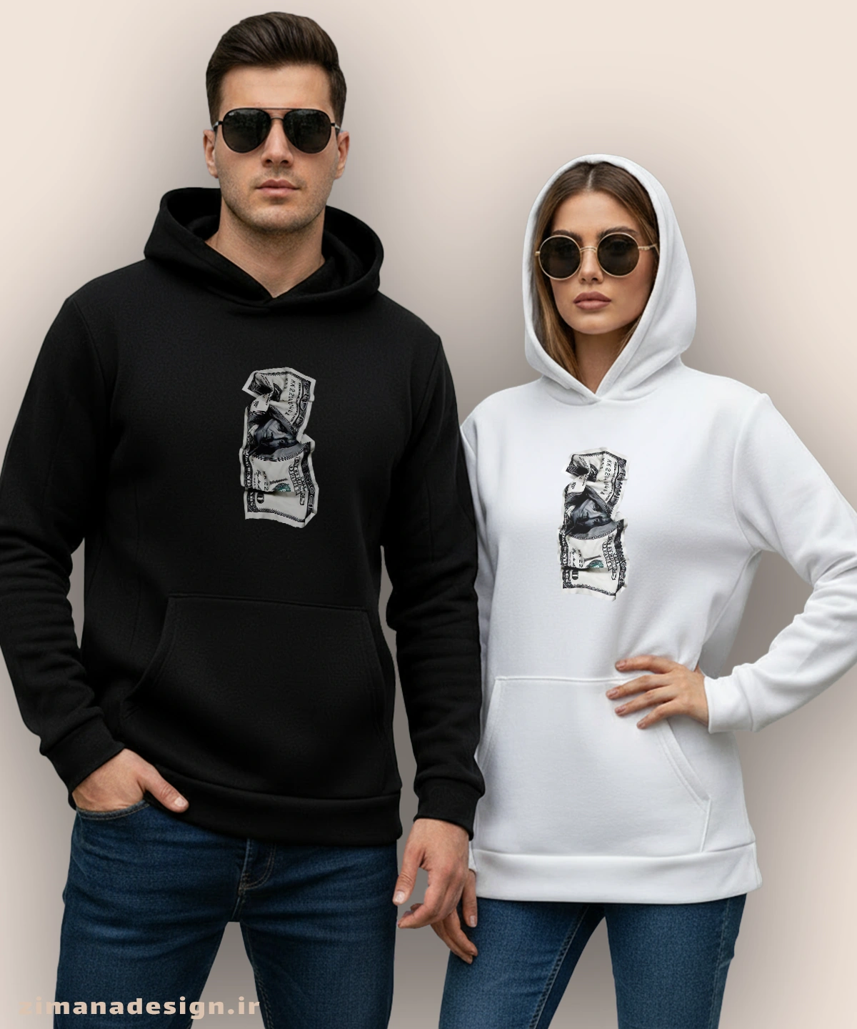 zimanaproduct-0959-h-bw2 هودی مردانه و زنانه طرح اسکناس دلار کد 959 - Image 1