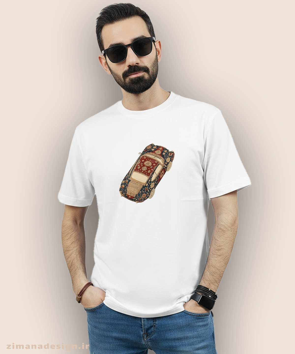 zimanaproduct-1034-b-w3 تیشرت مردانه و زنانه طرح ماشین تلفیق با فرش ایرانی - Image 1